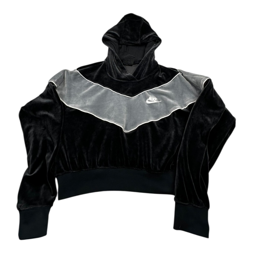 Nike Velour Velour V-Neck Cropped Hoodie Black Grey Size S‎